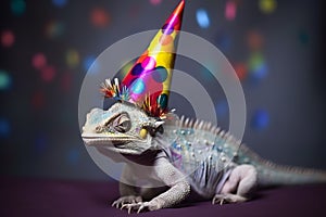 Funny and friendly cute chameleon wearing a brithday party hat in studio, on a vibrant, colorful background. Generative AI