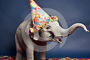 Funny and friendly cute elephant wearing a brithday party hat in studio, on a vibrant, colorful background. Generative AI