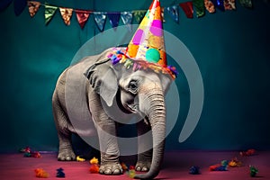 Funny and friendly cute elephant wearing a brithday party hat in studio, on a vibrant, colorful background. Generative AI