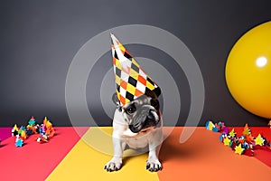 Funny and friendly cute French Bulldog wearing a birthday party hat in studio, on a vibrant, colorful background. Generative