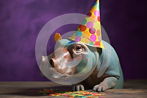 Funny and friendly cute hippopotamus wearing a brithday party hat in studio, on a vibrant, colorful background. Generative AI