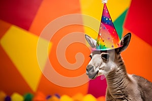 Funny and friendly cute kangaroo wearing a brithday party hat in studio, on a vibrant, colorful background. Generative AI
