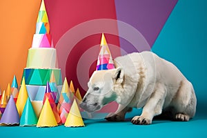 Funny and friendly cute polar bear wearing a brithday party hat in studio, on a vibrant, colorful background. Generative AI