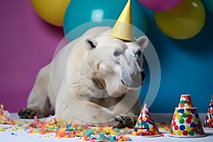 Funny and friendly cute polar bear wearing a brithday party hat in studio, on a vibrant, colorful background. Generative AI