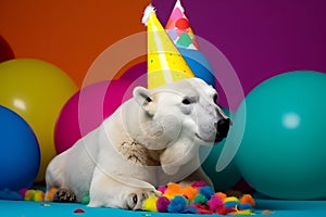 Funny and friendly cute polar bear wearing a brithday party hat in studio, on a vibrant, colorful background. Generative AI