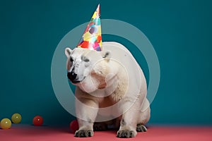 Funny and friendly cute polar bear wearing a brithday party hat in studio, on a vibrant, colorful background. Generative AI