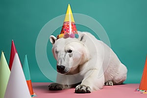 Funny and friendly cute polar bear wearing a brithday party hat in studio, on a vibrant, colorful background. Generative AI
