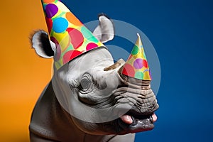 Funny and friendly cute rhinoceros wearing a brithday party hat in studio, on a vibrant, colorful background. Generative AI