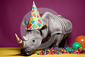 Funny and friendly cute rhinoceros wearing a brithday party hat in studio, on a vibrant, colorful background. Generative AI