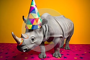 Funny and friendly cute rhinoceros wearing a brithday party hat in studio, on a vibrant, colorful background. Generative AI