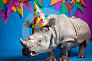 Funny and friendly cute rhinoceros wearing a brithday party hat in studio, on a vibrant, colorful background. Generative AI