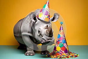 Funny and friendly cute rhinoceros wearing a brithday party hat in studio, on a vibrant, colorful background. Generative AI