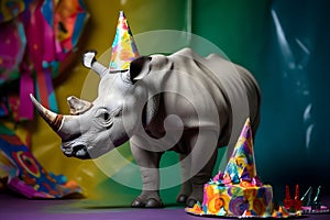 Funny and friendly cute rhinoceros wearing a brithday party hat in studio, on a vibrant, colorful background. Generative AI