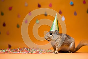 Funny and friendly cute squirrel wearing a brithday party hat in studio, on a vibrant, colorful background. Generative AI