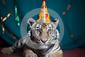 Funny and friendly cute tiger wearing a brithday party hat in studio, on a vibrant, colorful background. Generative AI