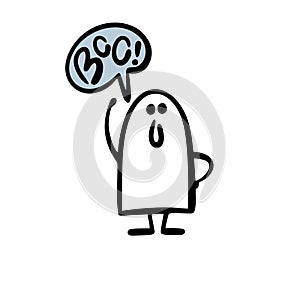 Funny friendly ghost raised his hand and greets with the word Boo. Vector illustration of a child in a fairy tale hero