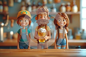Funny friends with glasses of beer in the pub. 3d illustration