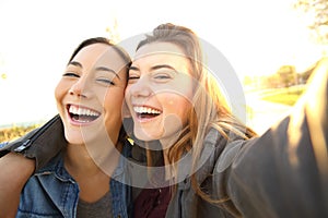 Funny friends taking selfies at sunset