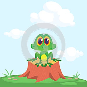 Funny Frog Cartoon Character sitting on tree stump on the meadow background. Colorful vector illustration.