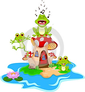 Funny frog cartoon singing on mushroom