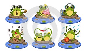 Funny Frog Characters Set, Cute Humanized Amphibian Animal in Different Situations Vector Illustration