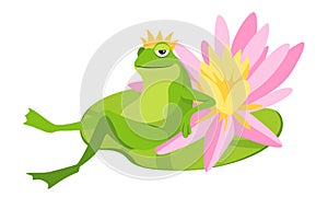 Funny Frog in Gold Crown Relax in Confident Pose with Crossed Legs on Water Lily Leaf with Beautiful Flower, Queen Toad