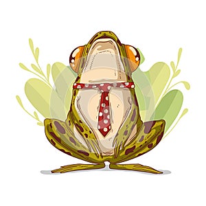 A funny frog in the grass, vector illustration. Calm cartoon froglet