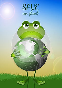 Funny frog with green earth