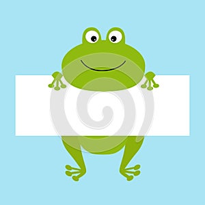 Funny frog hanging on paper board template. Big eyes. Kawaii animal body. Cute cartoon character. Baby card. Flat design style. Bl