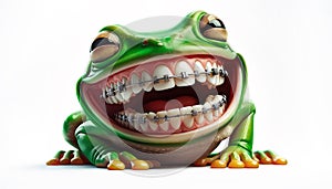 Funny frog with a human denture with braces