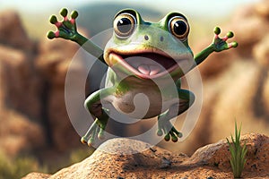 Funny frog jumping on the rocks. Generative AI illustration
