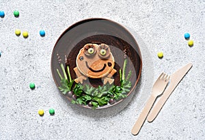 Funny frog made of pancakes on a plate, top view. Breakfast for children. Lunch to school