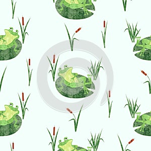 Funny frog pattern. Seamless vector marsh background with toad on lily pad