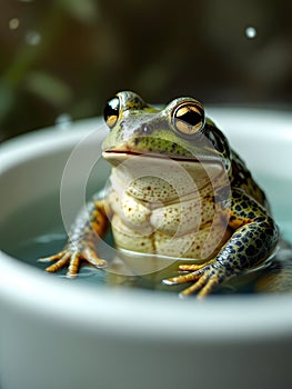 Funny frog sitting in the bath