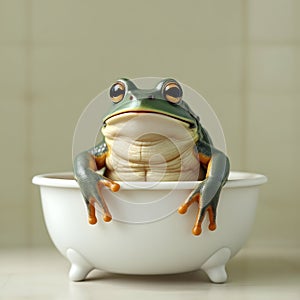 Funny frog sitting in the bath
