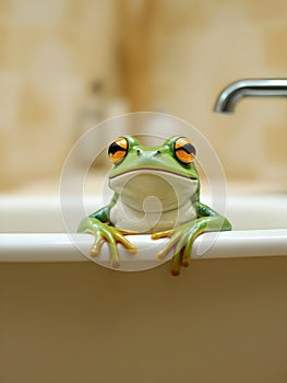 Funny frog sitting in the bath