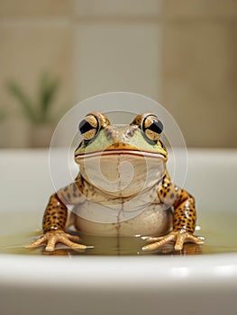 Funny frog sitting in the bath