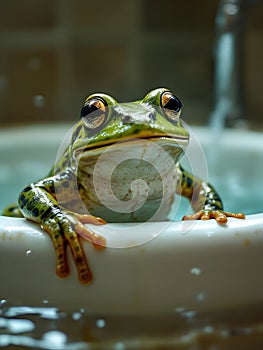 Funny frog sitting in the bath