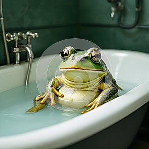 Funny frog sitting in the bath