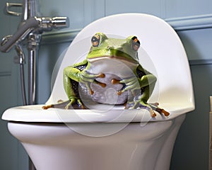 funny frog sitting on a toilet seat in the bathroom.