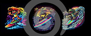 Funny frog surfing rainbow wave. AI generative