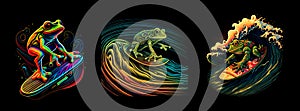 Funny frog surfing rainbow wave. AI generative