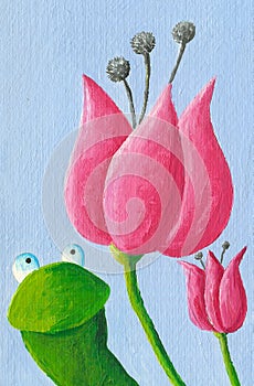 Funny frog and tulips