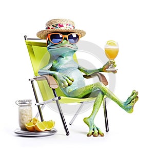 Funny frog wearing summer hat and stylish sunglasses, holding glass with ice drink on beach chair isolated over white background.