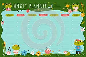 Funny frogs theme weekly planner. Kids lesson schedule with green amphibians in suits and glasses. Week timetable