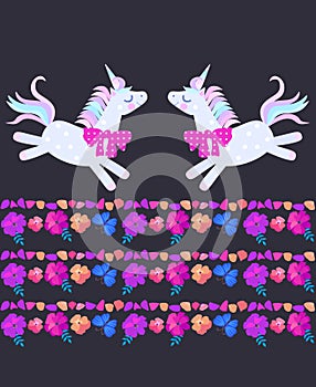 Funny frolic unicorns and beautiful striped border, composed of bright flowers, butterflies and petals on black background