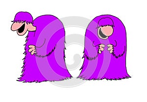 Funny front and profile illustration of a furry, fat and purple character