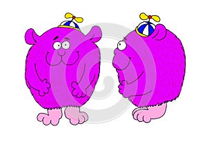 Funny front and profile illustration of a furry, fat and purple character