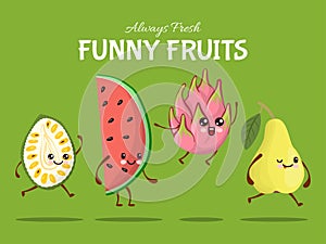 Funny fruit character jump walk, tropical food leap flat vector illustration. Watermelon, pear, dragon fruit and durian