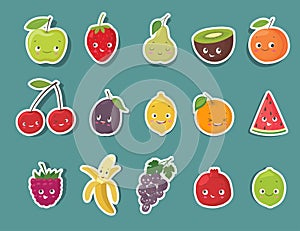 Funny fruit character stickers set. Cartoon vector illustration